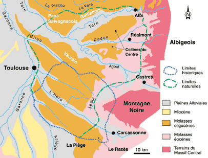 Fig. 2 : Carte gologique simplifie du Lauragais avec les limites historiques dfinissant le Lauragais central et les limites naturelles dfinies  partir des caractristiques gologiques et gographiques.