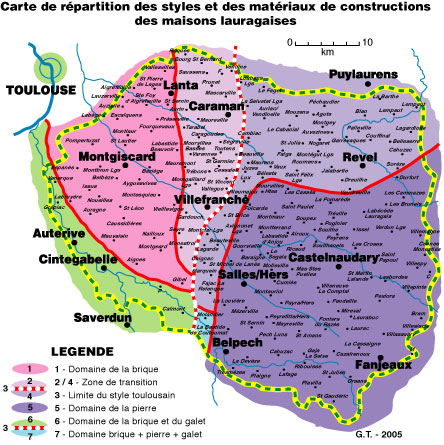 Carte de répartition des styles des matériaux de construction des maisons lauragaises