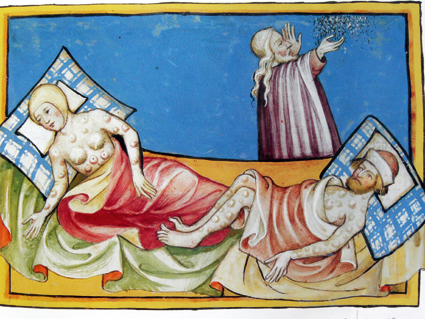 Illustration de la peste noire tirée de la bible de Toggenburg (1411)
