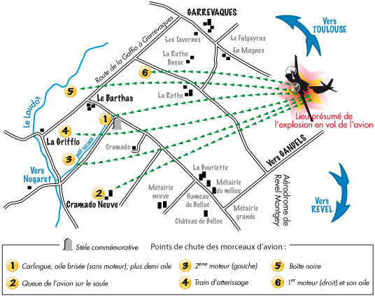 points de chute des morceaux d'avion