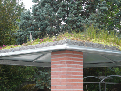    Les réalisations s’inscrivant dans une démarche de développement durable sont de  plus en plus nombreuses, ici un toit a été végétalisé sur le site d’une propriété offrant des chambres d'hôtes à Nogaret.  