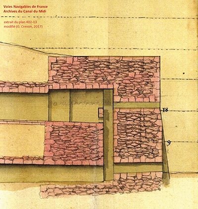 Fig. c : extrait du plan 402-13, modifié par mes soins, reconstitution du tambour dans son état initial, tel que construit par Riquet. 