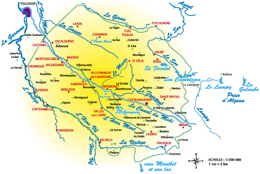 Plan rivières et lacs en Lauragais