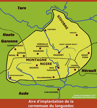 Carte d'implantation de la cornemuse du Languedoc