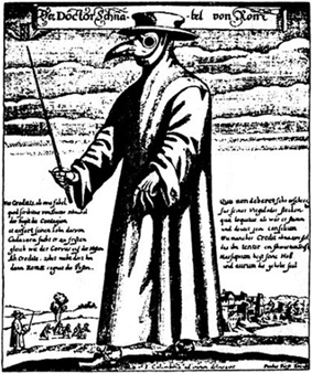 Médecin affublé du masque caractéristique  de l'époque de la peste. Le long bec renfermait  des plantes aromatiques aux propriétés désinfectantes, notamment de la girofle et du romarin  pour couvrir l'odeur  des cadavres (gravure de 1656)