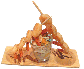 Brochettes de crevettes et verrine de fruits de mer