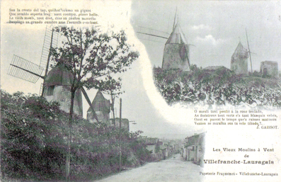    Les moulins de l’Avenue de Sébastopol au tout début du XXème siècle. Les deux munis de leurs ailes ont aujourd’hui disparu. Seul subsiste le plus près du bourg à la tour décoiffée qui fut remise en état et couverte vers 1987-88.  