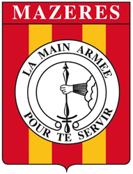 Voici le blason actuel de la Ville de Mazères, sur un fond sang et or, les couleurs de l’Occitanie rappelant sa devise faite sienne au 16ème siècle : “La main armée pour te servir”.