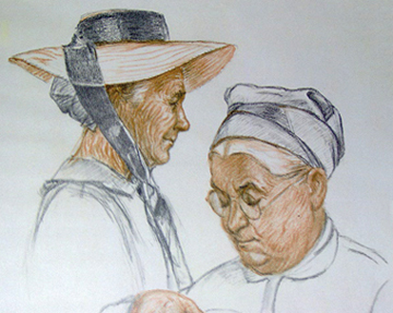 Grands-mères, dessin de Paul Sibra, peintre du Lauragais 