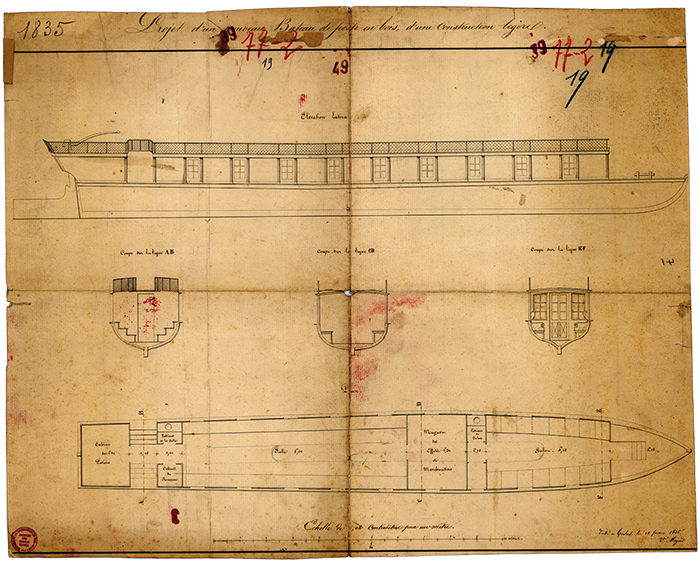Barque de la dernière génération (L = 24,60 m), Archives VNF, Toulouse, cote 722-12 