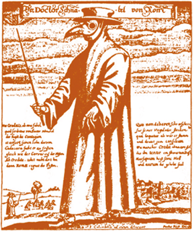 Médecin affublé du masque de corbeau et du long manteau en temps de peste. Gravure (1656). 